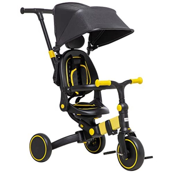 AIYAPLAY 3 in 1 Kids Trike with Parent Handle, Tricycle Balance Bike w/Aluminium Frame, Adjustable Push Handle Canopy and Seat Angle for Ages 18-48 Months - Yellow