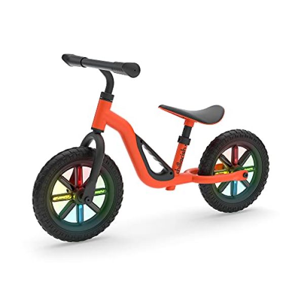 Chillafish Charlie Glow toddler balance bike with light-up wheels when riding, carry handle, adjustable seat and handlebar, puncture-proof 10-inch wheels,for kids 18-48 months, orange